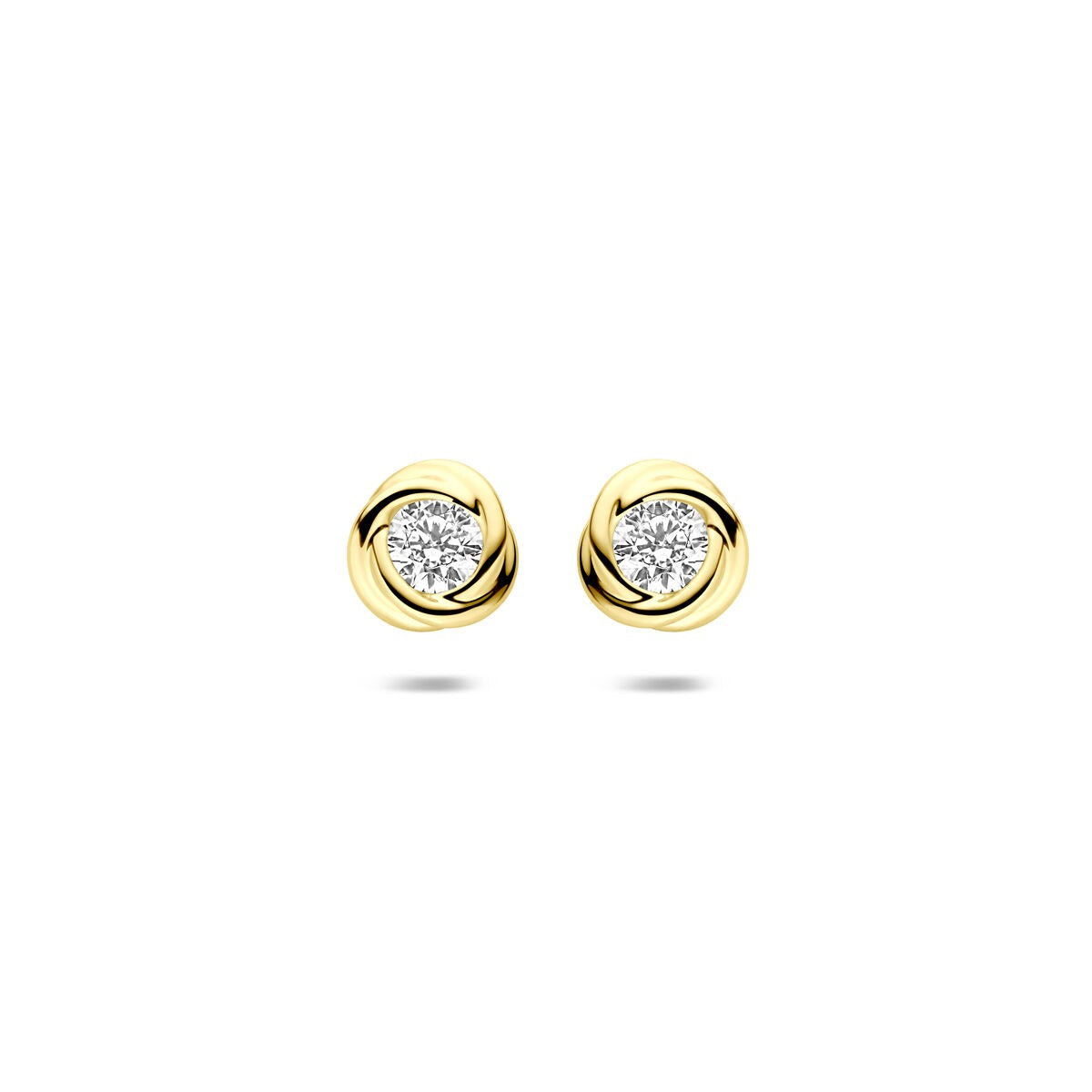 Boucles d'oreilles en or 14 carats avec zirconium, serties en solitaire, design arrondi.