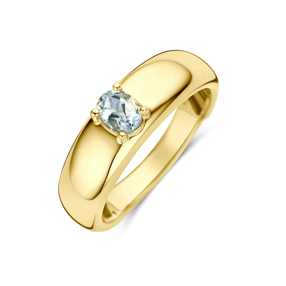 Bague en or jaune 14 carats avec une aquamarine ovale sertie.