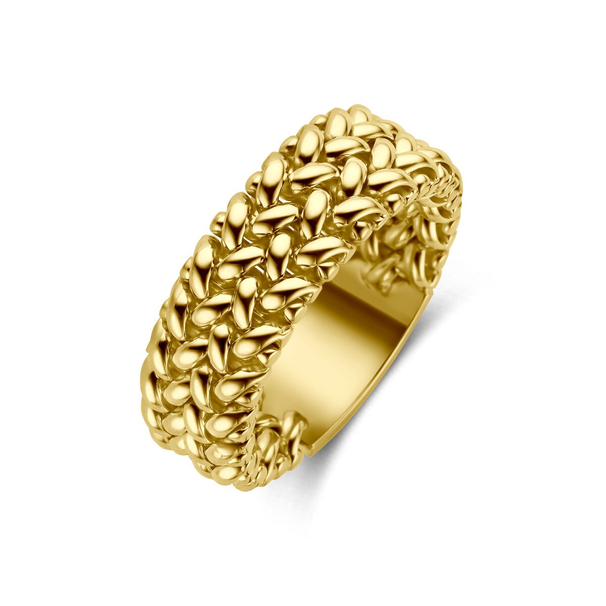 Bague en or jaune 14 carats avec un motif texturé et ondulé.