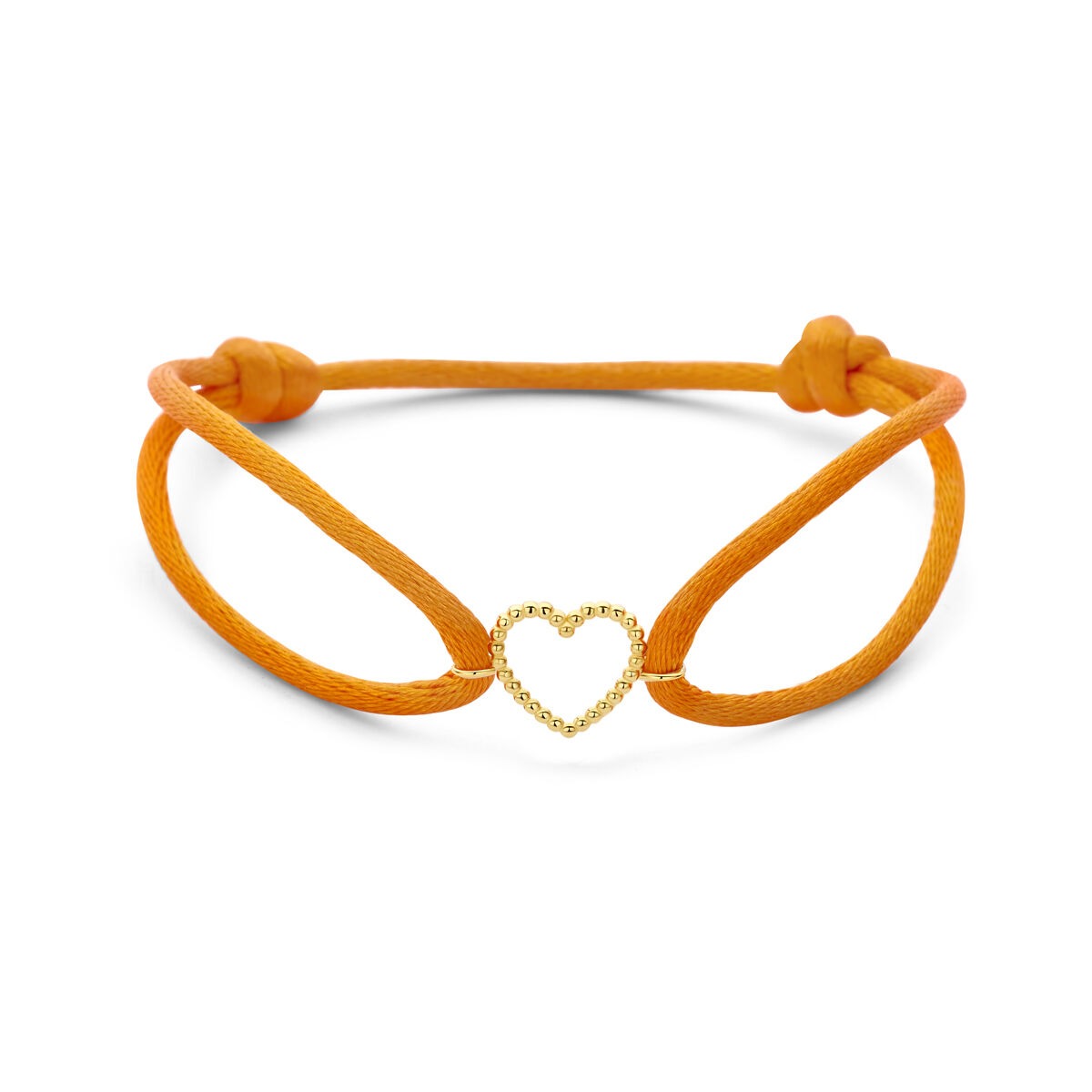 Bracelet en satin orange avec un cœur en or jaune 14 carats, détail ludique.