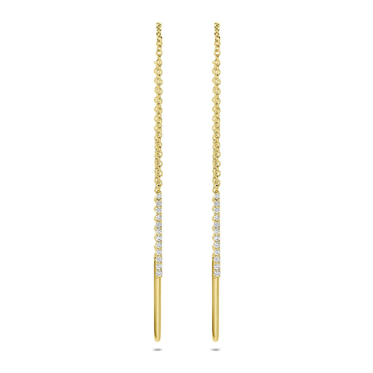Boucles d'oreilles en or jaune 14 carats avec des diamants, au design allongé et élégant.