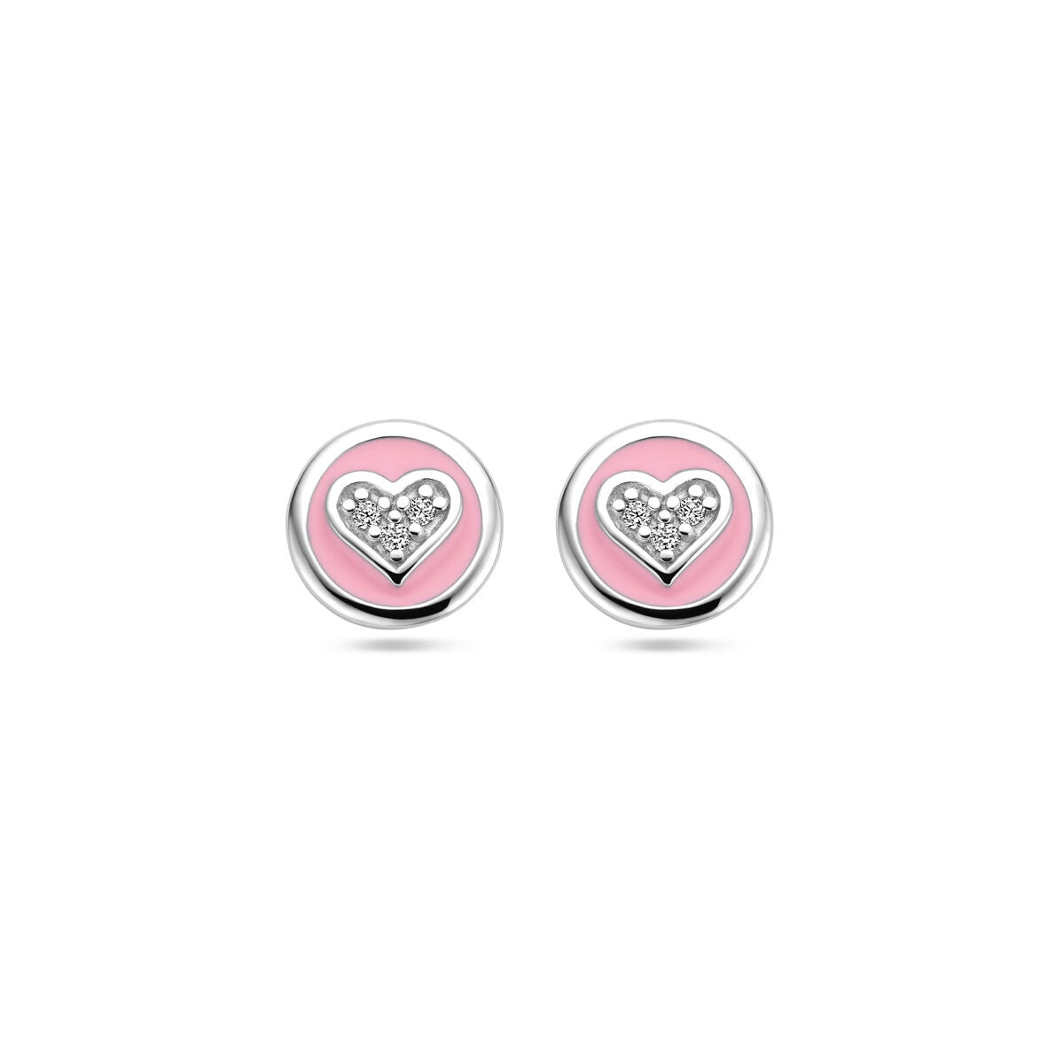 Boucles d'oreilles en argent avec émail rose et cœur en zirconium.