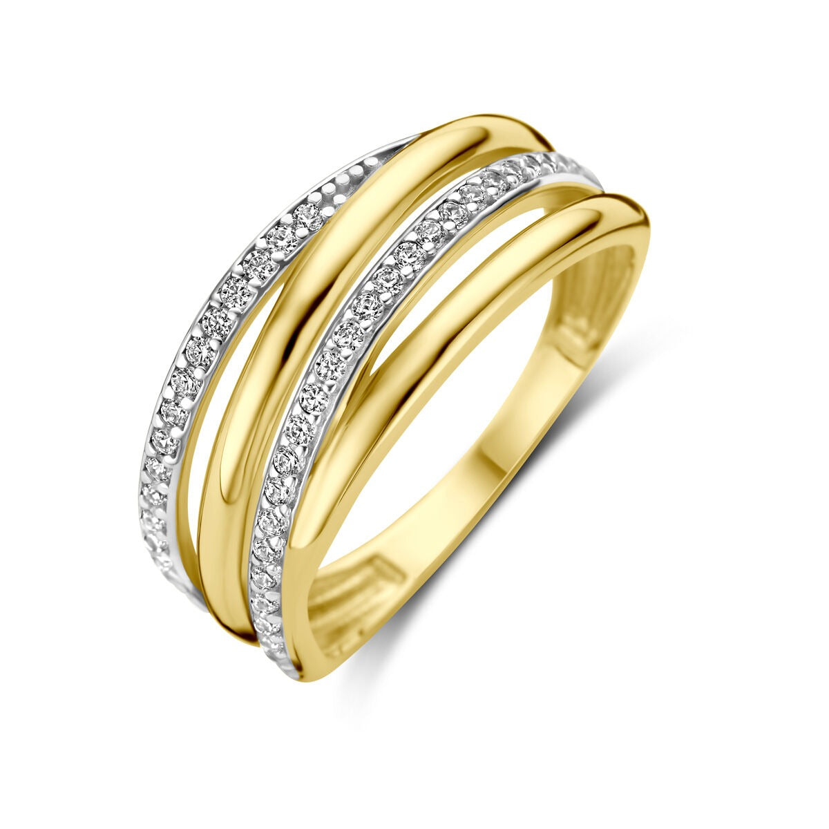 Bague en or jaune 9 carats avec zirkonia, design à trois bandes, brillante et moderne.