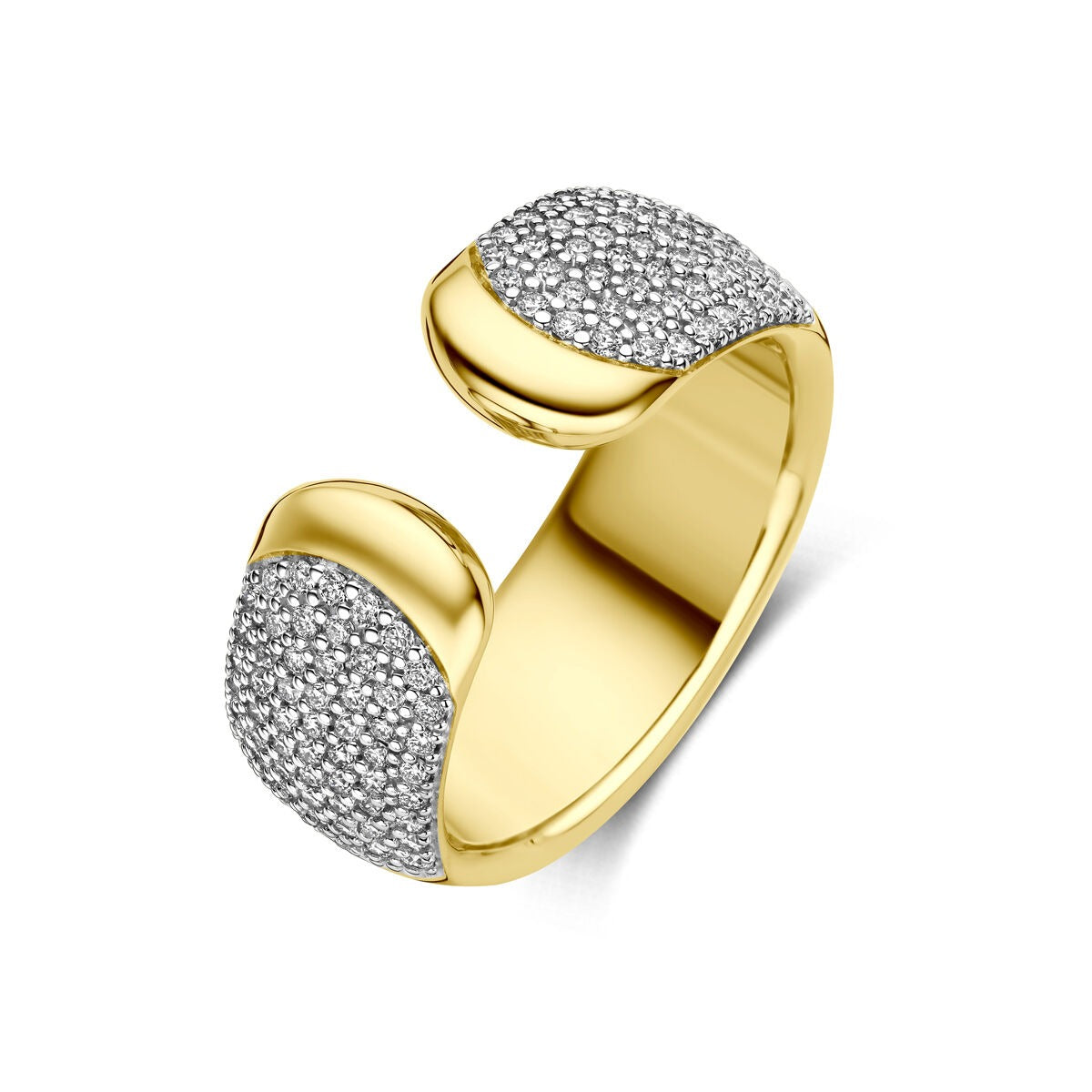 Bague en or jaune 14 carats ornée de diamants sur les extrémités.