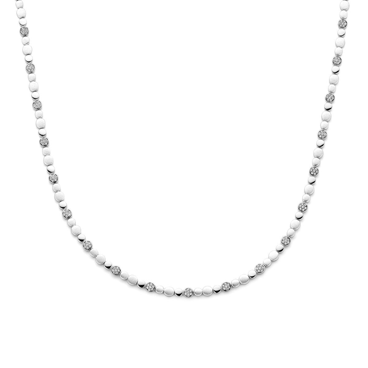Collier en argent rhodié 925 avec zirconiums, d'une largeur de 5,1 mm et d'une longueur de 45 cm.