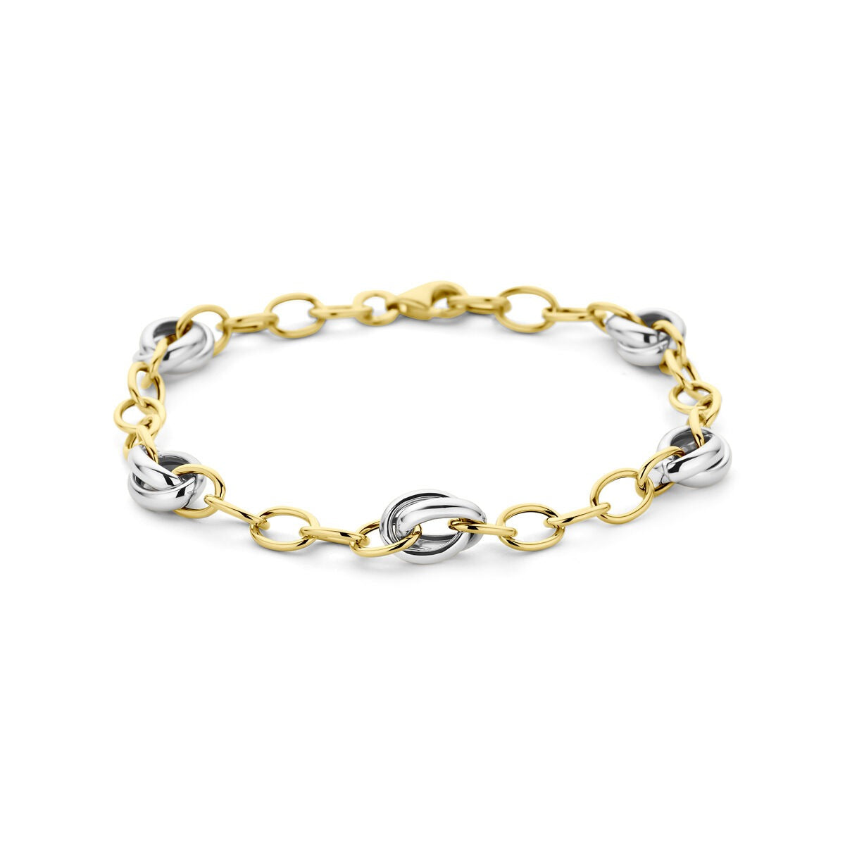 Bracelet en or bicolore 14 carats avec maillons entrelacés.