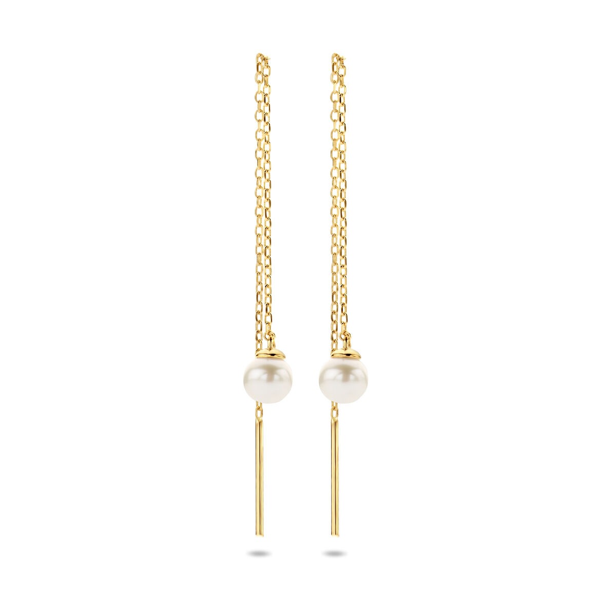 Boucles d'oreilles en or jaune 9 carats avec perles d'eau douce et chaînes suspendues.