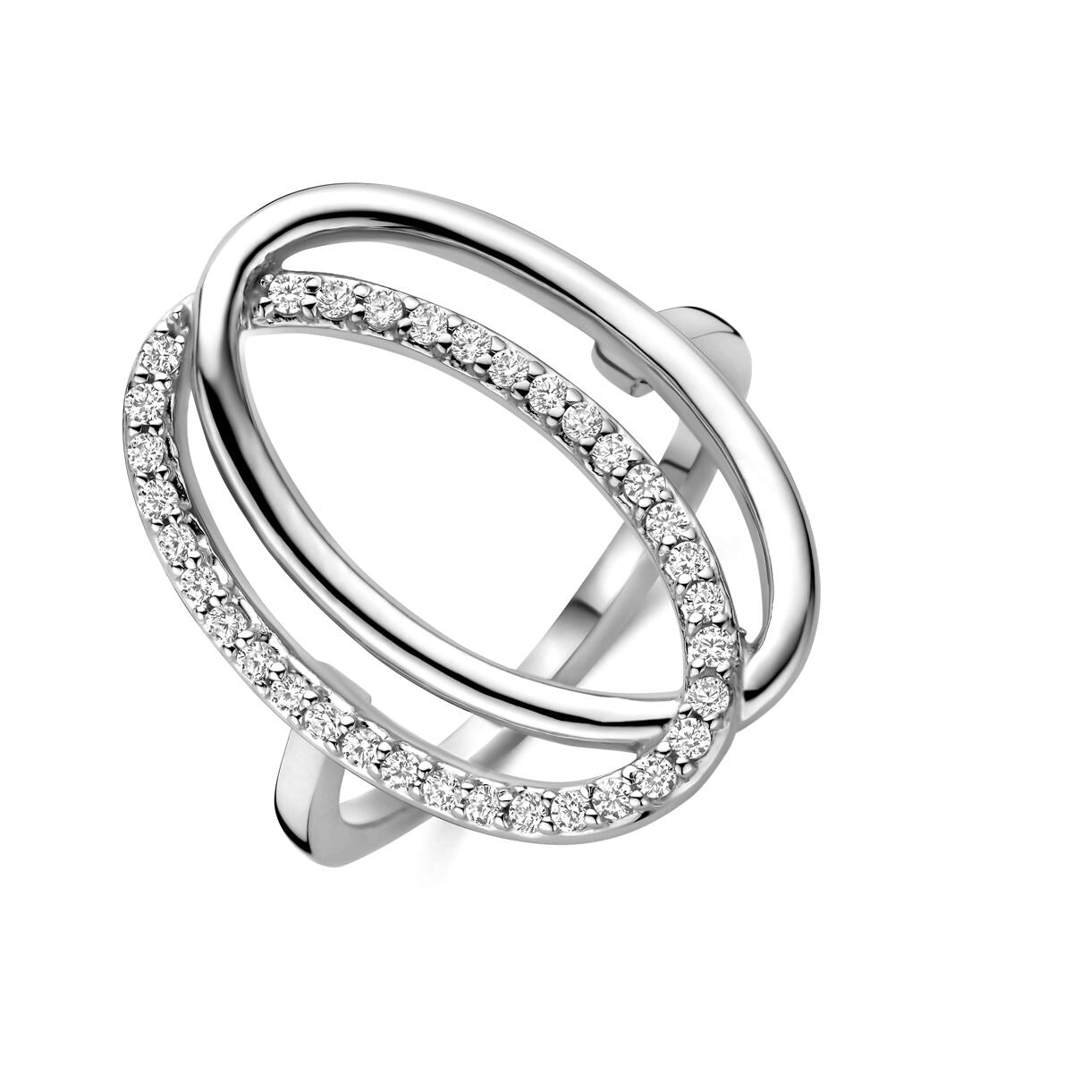 Bague en argent avec zircons en sertissage entourage, design entrelacé.