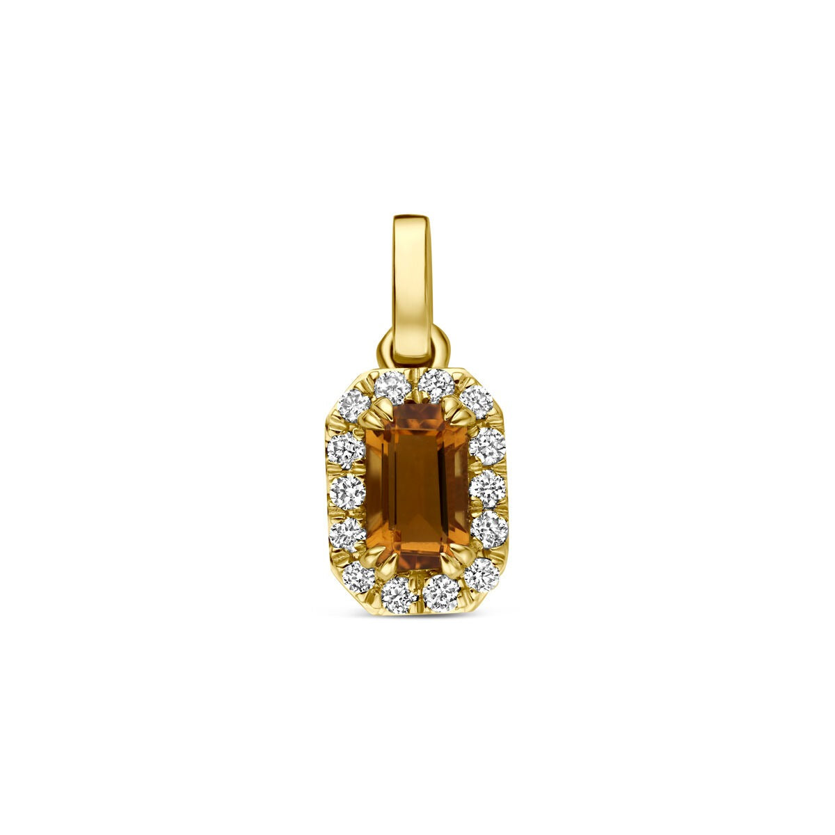 Pendentif en or jaune 14 carats avec citrine et diamants cultivés en laboratoire.