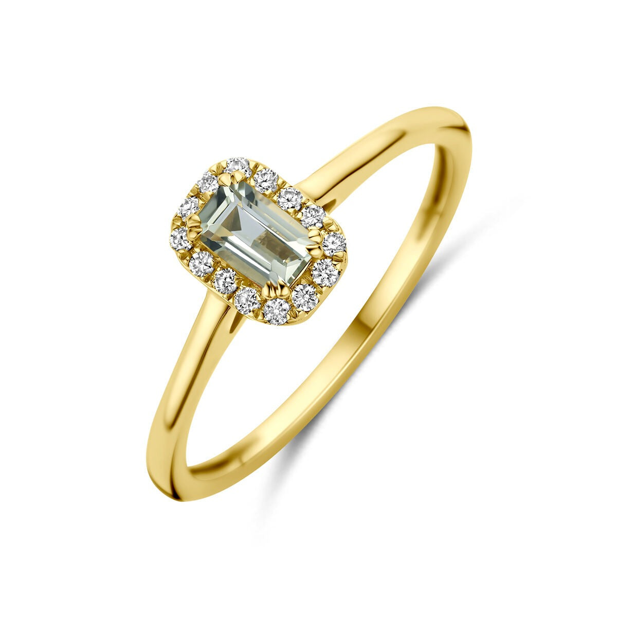 Bague en or jaune 14k avec une améthyste verte et un diamant cultivé en laboratoire, ornée de petits diamants.