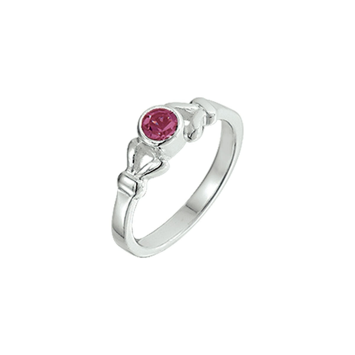Bague en argent rhodié avec un strass rose au centre.
