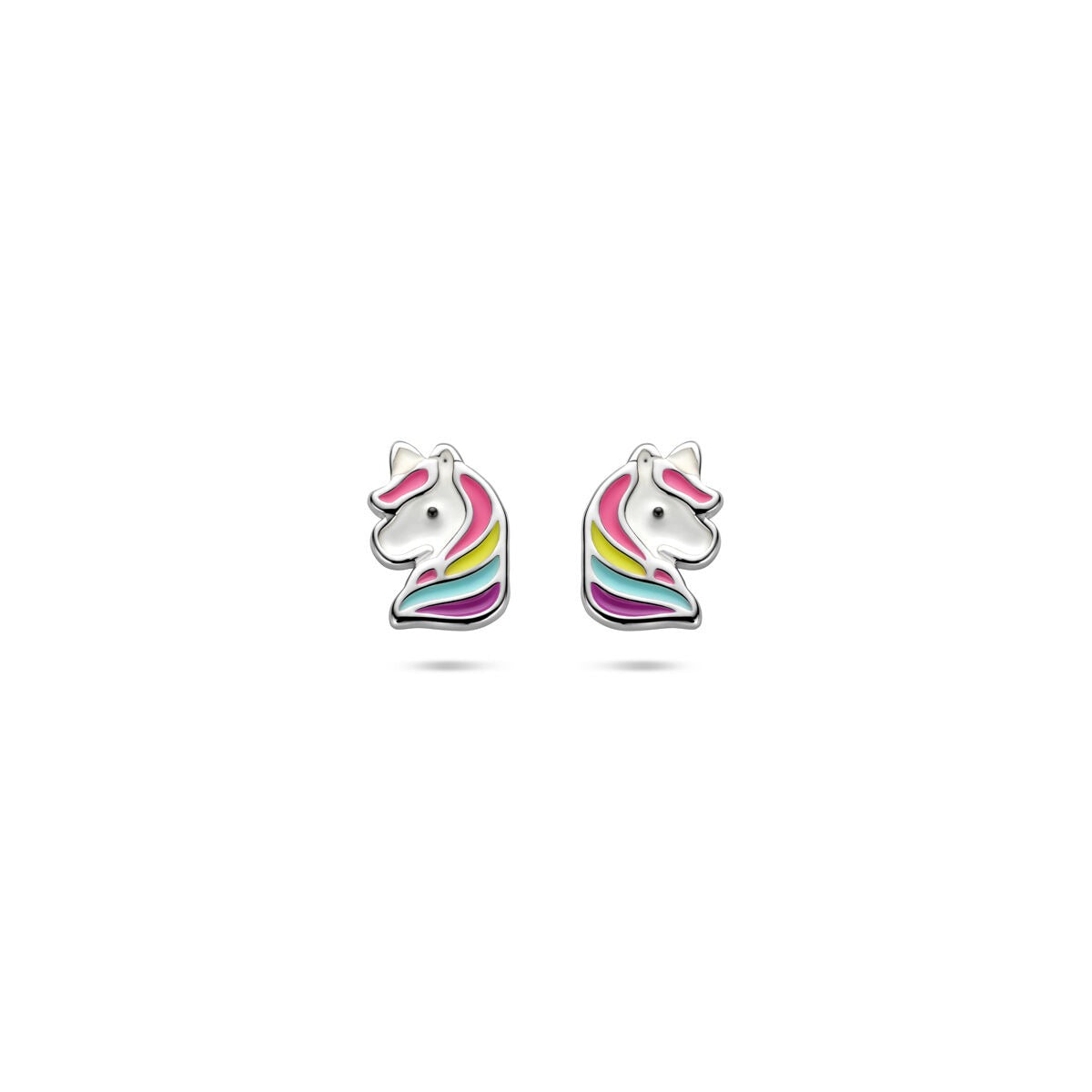 Boucles d'oreilles en forme de licorne en argent rhodié 925, 8x6 mm, avec des détails colorés.