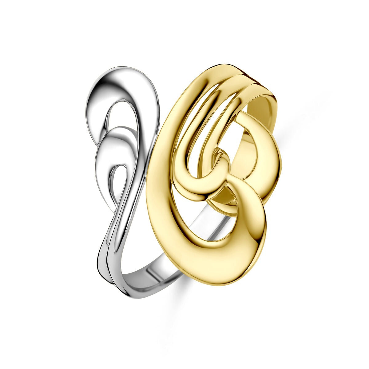 Bague en or bicolore pour femme avec un design enroulé et des courbes fluides.
