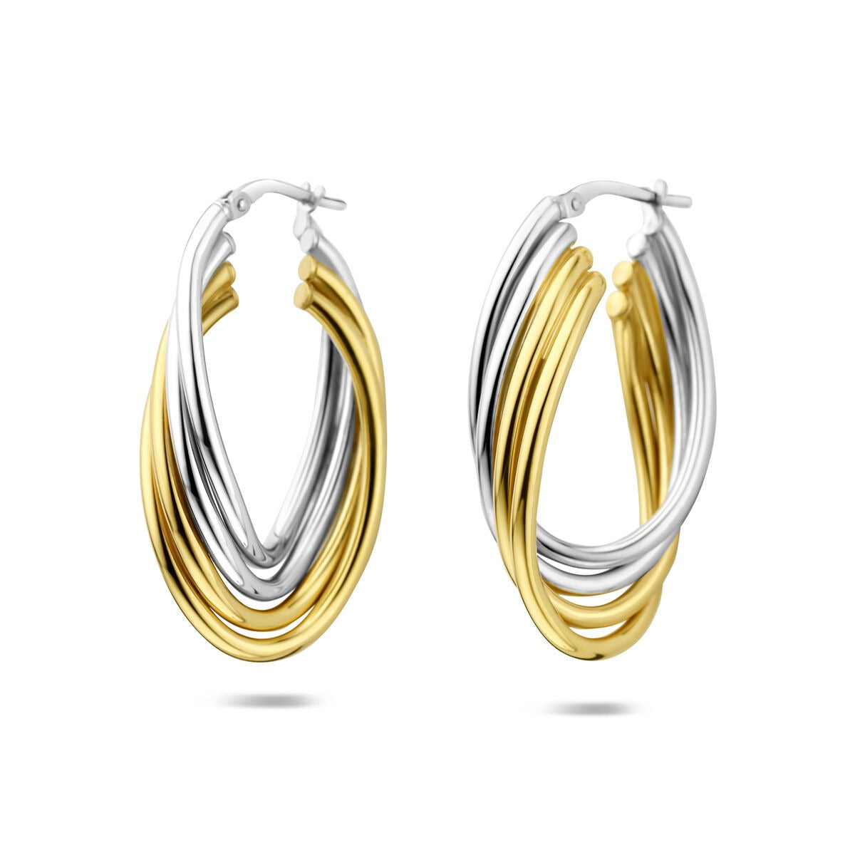 Boucles d'oreilles ovales en argent doré et rhodié, avec des lignes ondulées créant un contraste élégant.