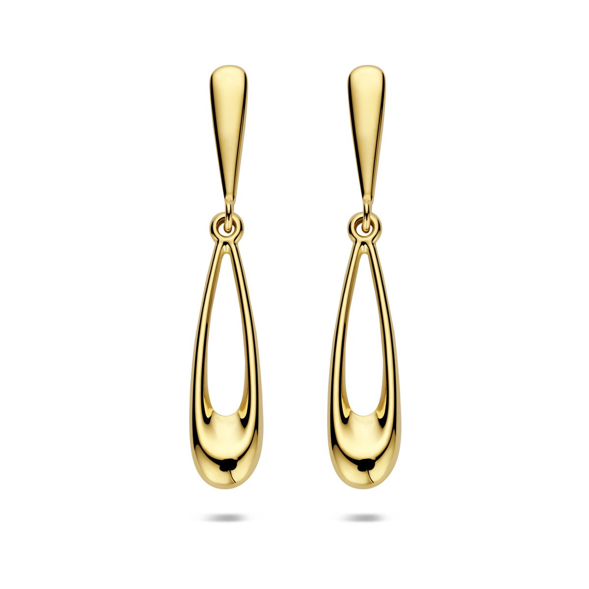 Boucles d'oreilles en or jaune 14 carats, de forme allongée avec un design élégant et brillant.