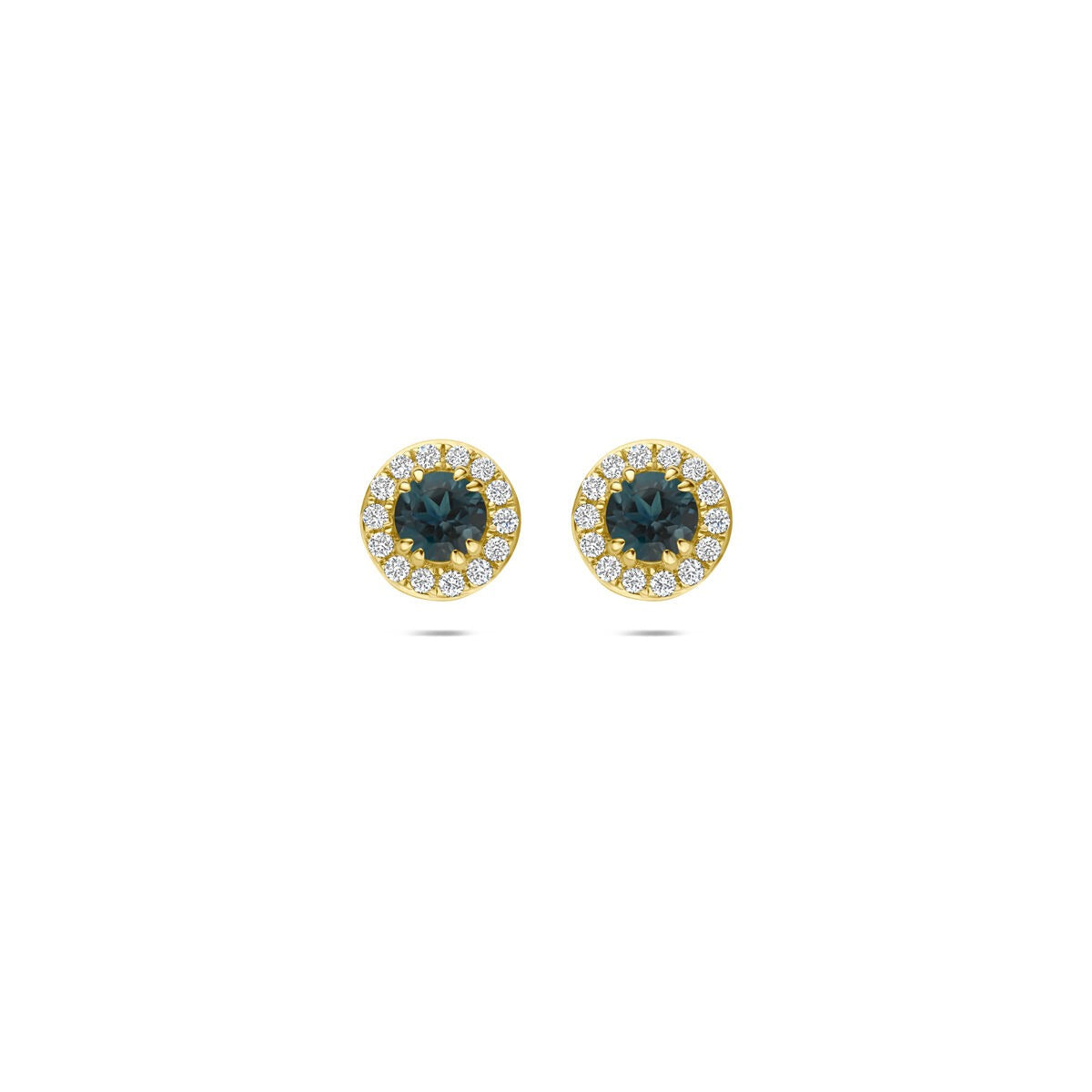 Boucles d'oreilles en or jaune 14 carats avec topaze bleue de Londres et diamants cultivés en laboratoire.