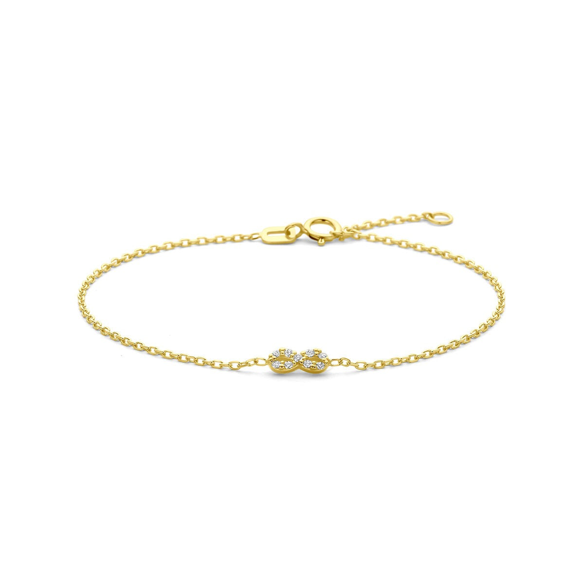 Bracelet en or jaune 14 carats avec motif infini et zircons.