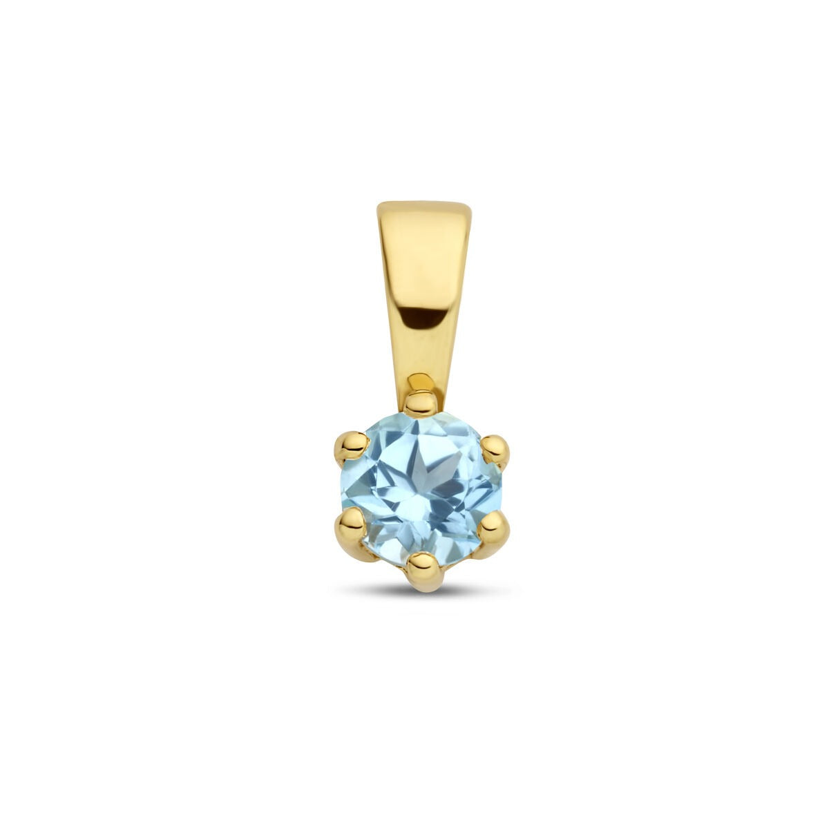 Pendentif en or jaune 9 carats avec topaze bleue, forme ronde et serti à griffes.