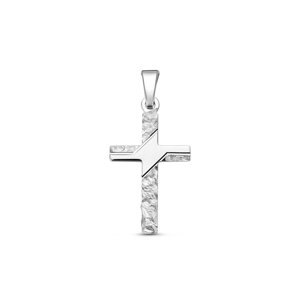 Pendentif croix en argent 925 rhodié avec une finition lisse et texturée.