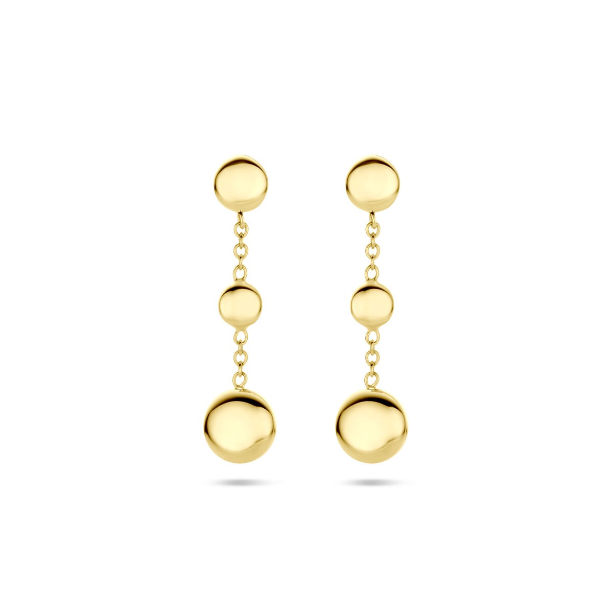 Boucles d'oreilles en or jaune 14K, composées de deux disques ronds suspendus.
