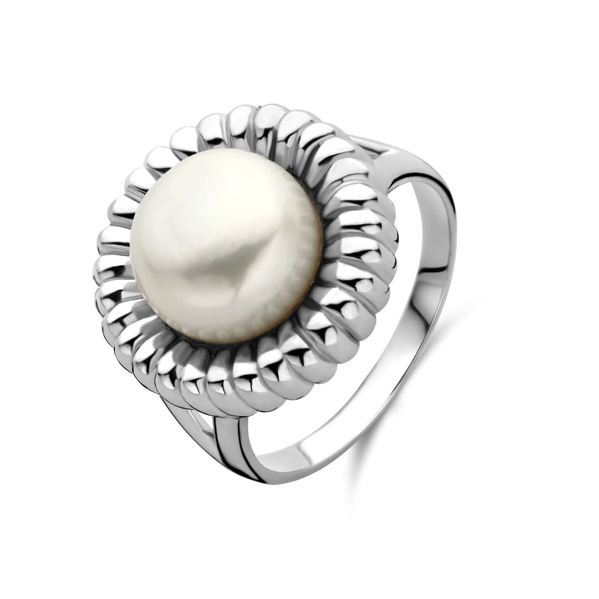 Bague en argent rhodié avec une perle centrale et un motif ondulé.