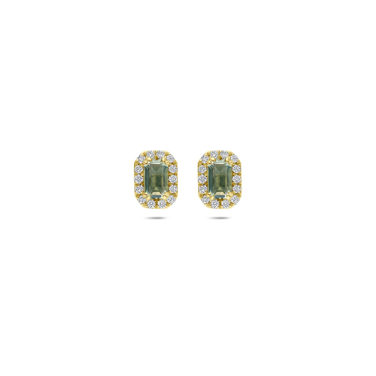 Boucles d'oreilles en or jaune 14 carats avec améthyste verte et diamants cultivés en laboratoire.