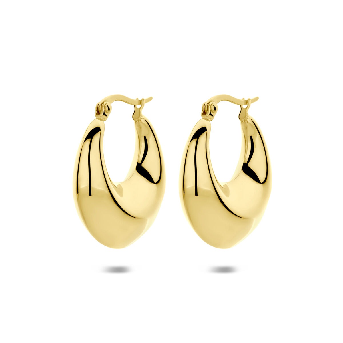 Boucles d'oreilles en acier doré, de forme arrondie et lisse, mesurant 28x10 mm.