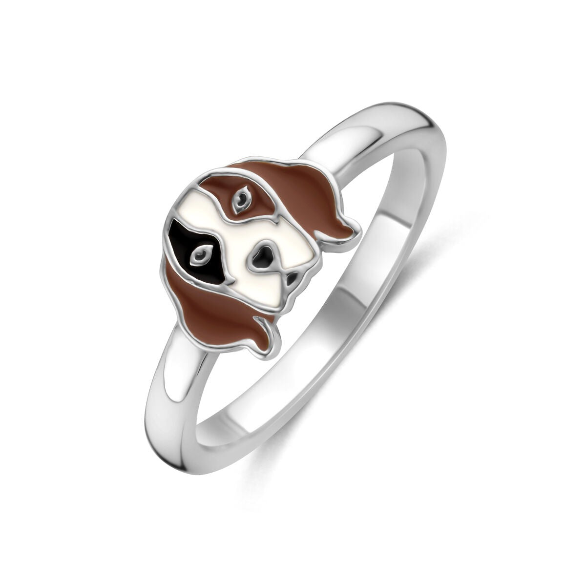 Bague en argent rhodié 925 avec motif de tête de chien en émail marron et blanc.
