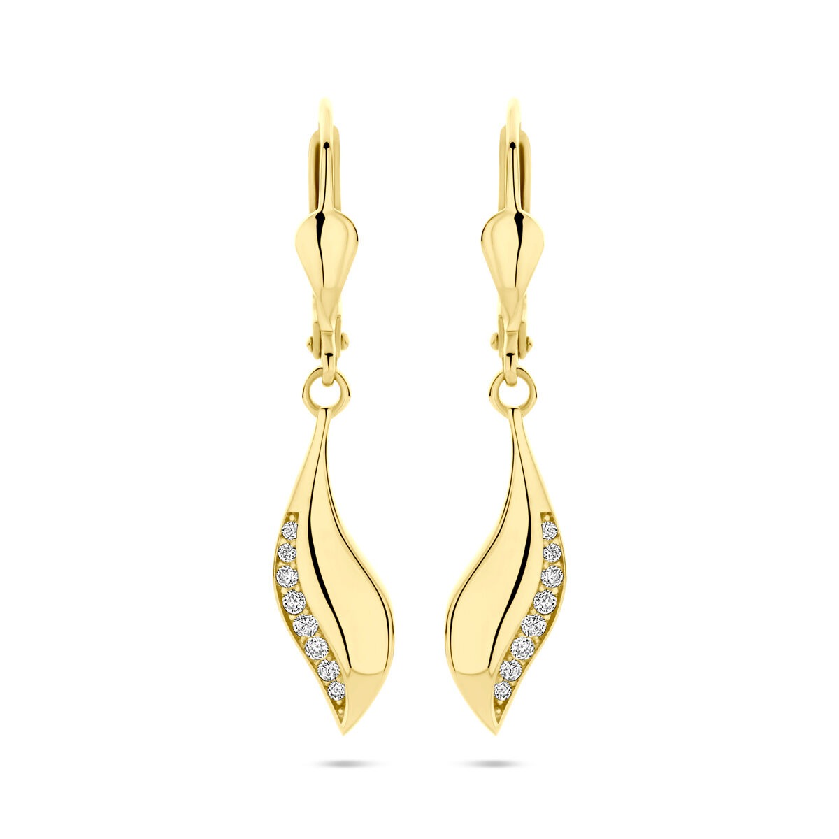 Boucles d'oreilles en or jaune 14 carats avec zirconiums, de forme ondulée et mesurant 32 mm de hauteur.