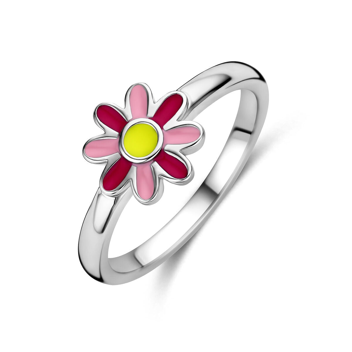 Bague en argent 925 rhodié avec une fleur en émail rose et jaune.