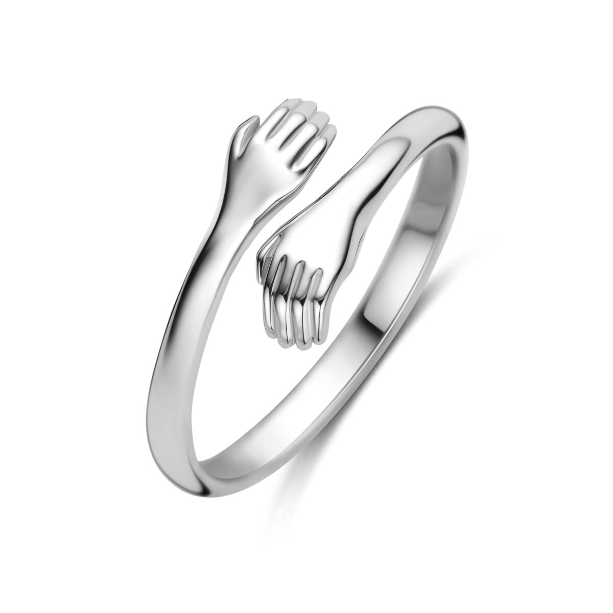 Bague en argent 925 rhodié avec un design de mains entrelacées.