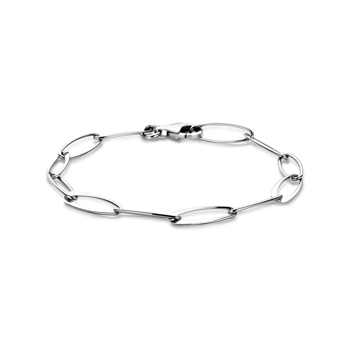 Bracelet en argent rhodié avec maillons en forme d'ancre de 6 mm, longueur de 19 cm.