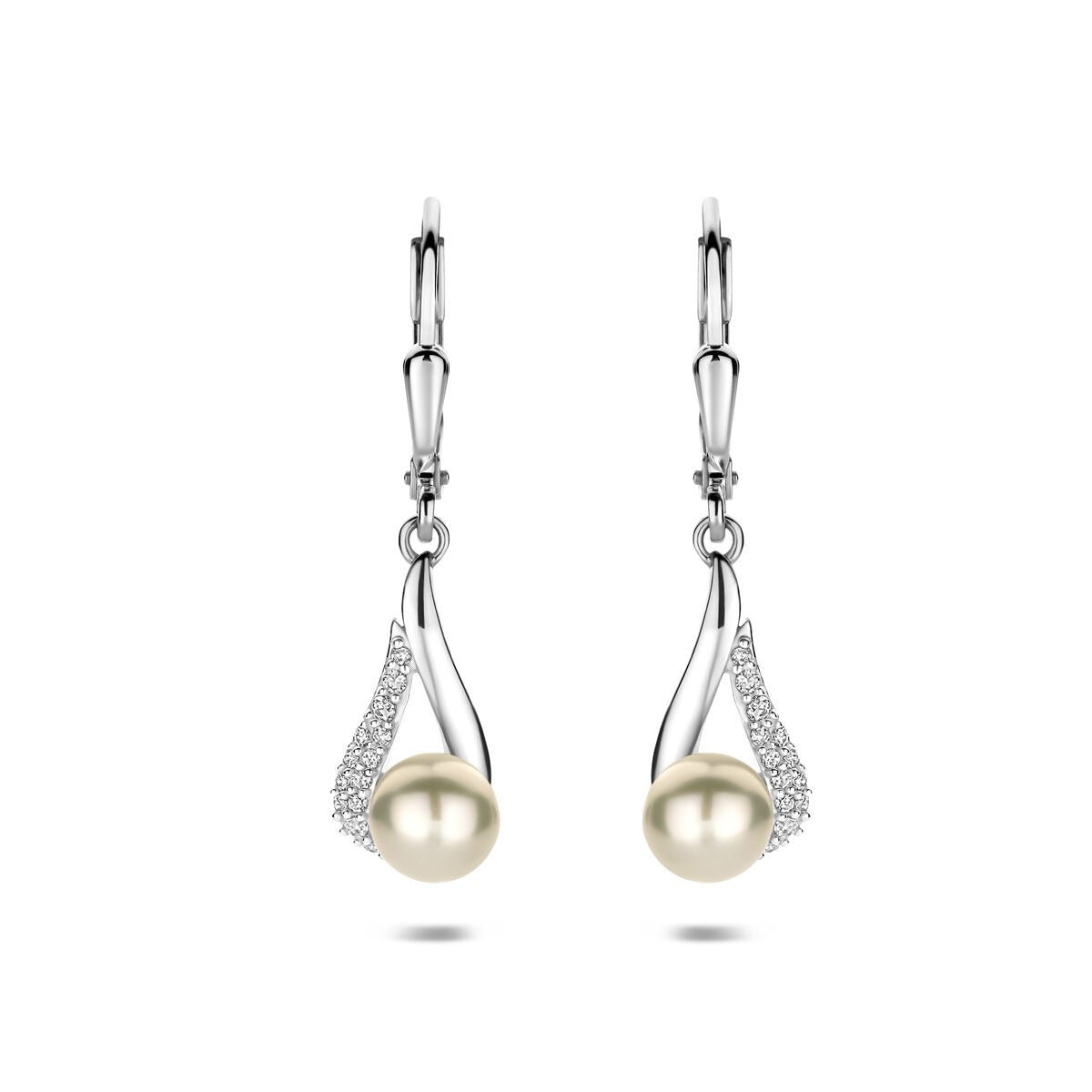 Boucles d'oreilles en argent rhodié avec perle et zirconia, longueur de 30 mm.