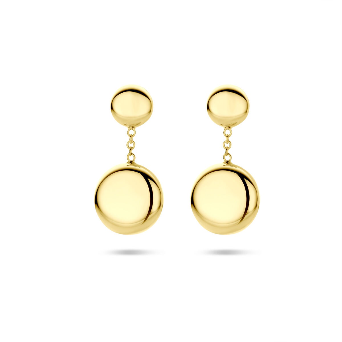 Boucles d'oreilles en or jaune 14 carats avec des disques ronds suspendus.