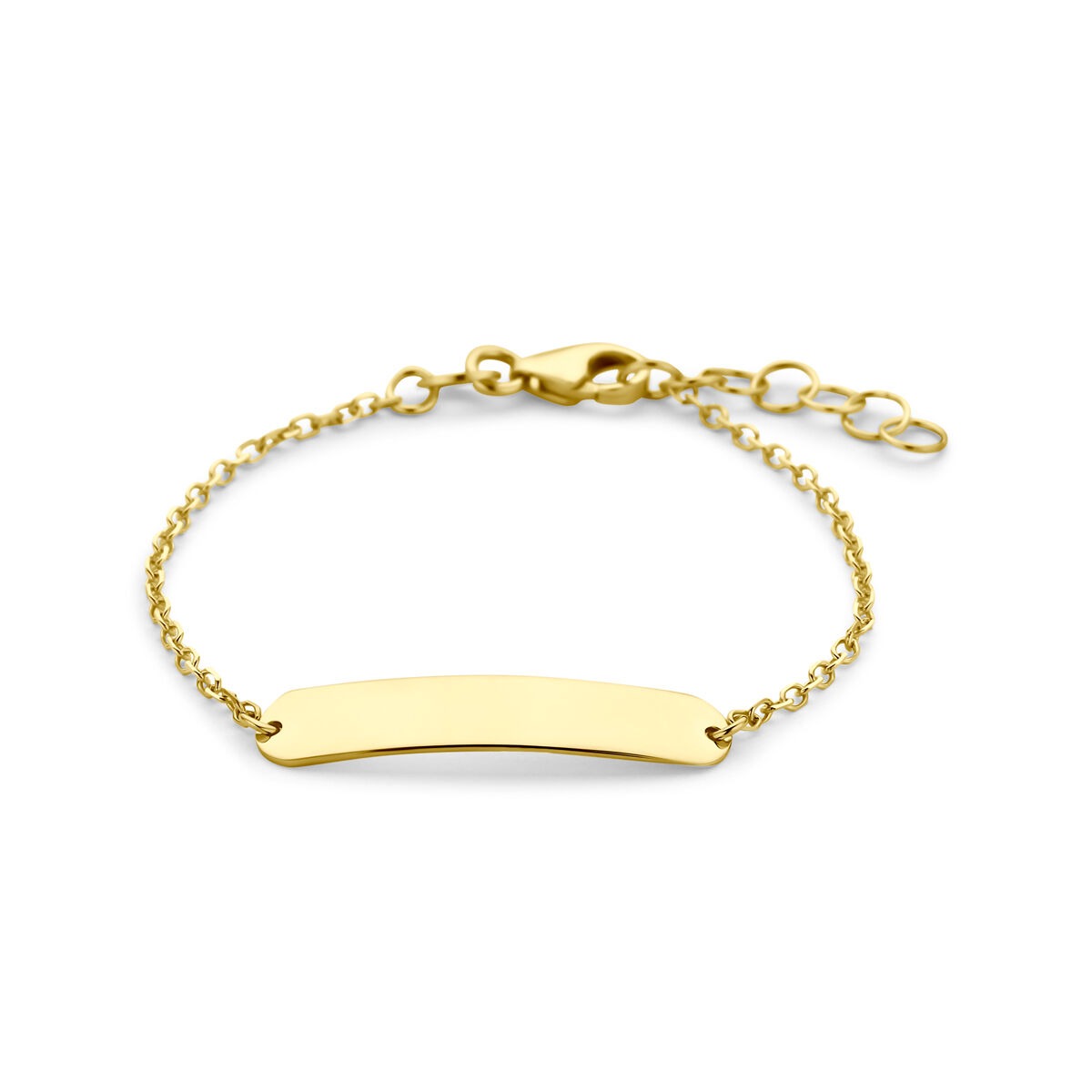 Bracelet en or jaune 9 carats avec plaque gravable et chaîne délicate.