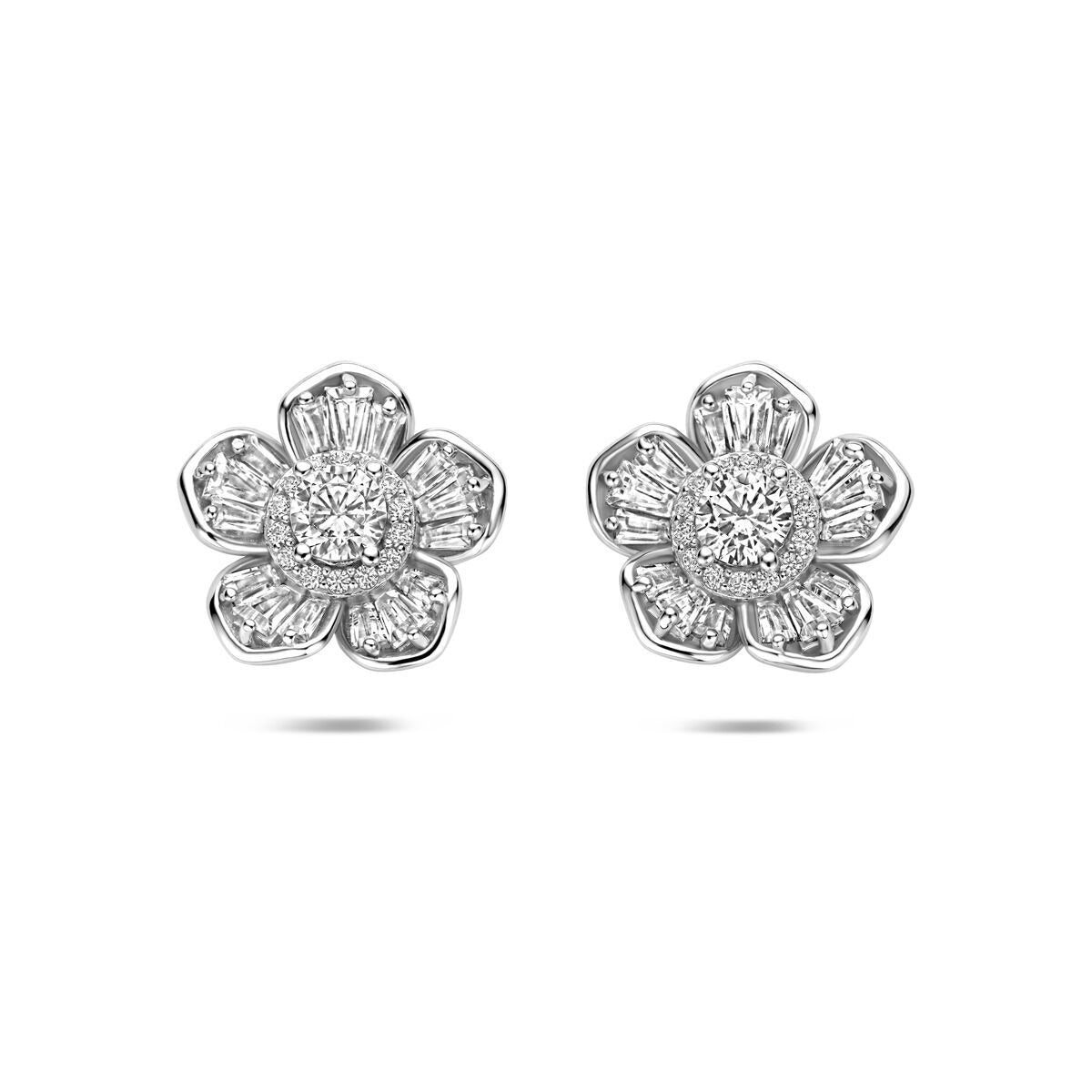 Boucles d'oreilles en argent rhodié en forme de fleur avec zirconium.