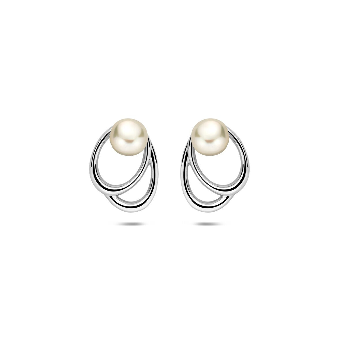 Boucles d'oreilles en argent rhodié avec perles blanches, forme ondulée, diamètre de 12,5 mm.