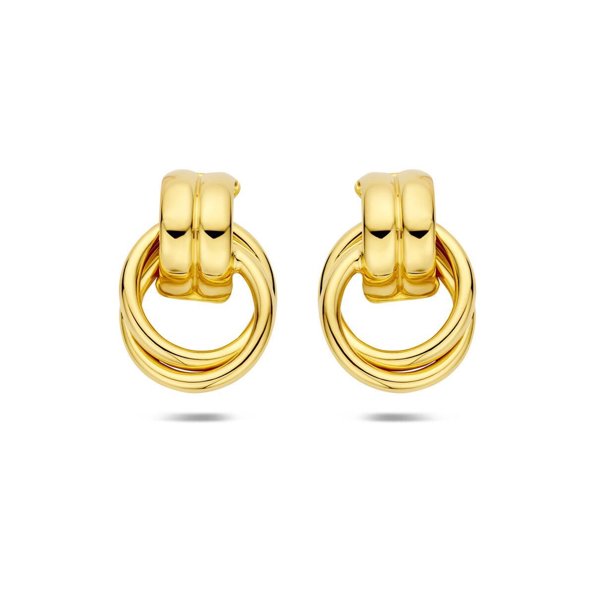 Boucles d'oreilles en argent 925 doré, forme ronde avec trois anneaux entrelacés, dimensions 20 x 13,5 mm.