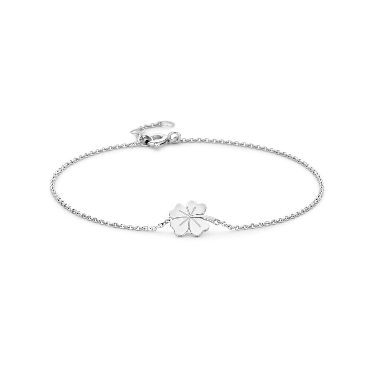 Zilveren klaverarmband met gerhodineerde afwerking en een delicate schakelketting.