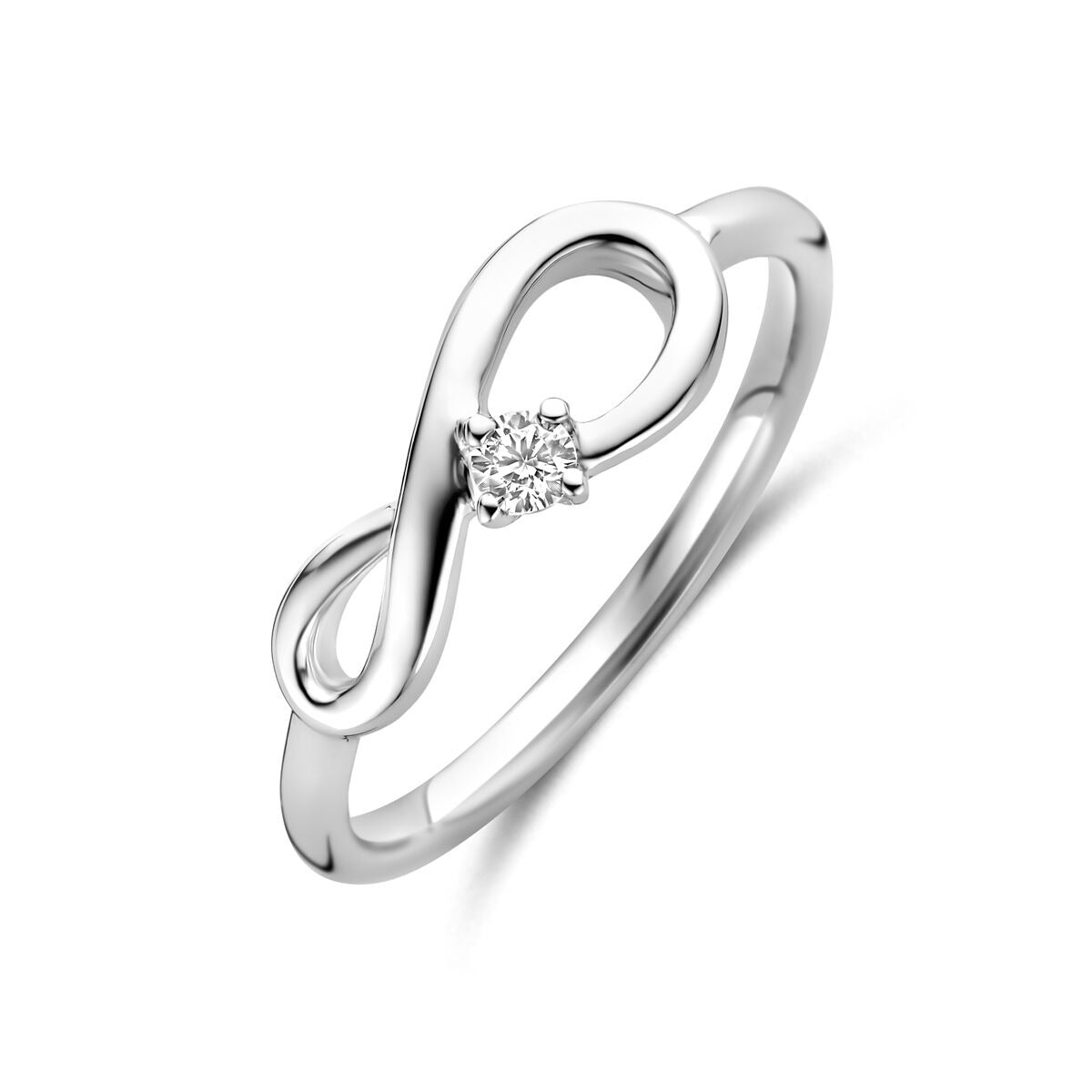 Bague en argent rhodié pour femme avec symbole d'infini et zircon.
