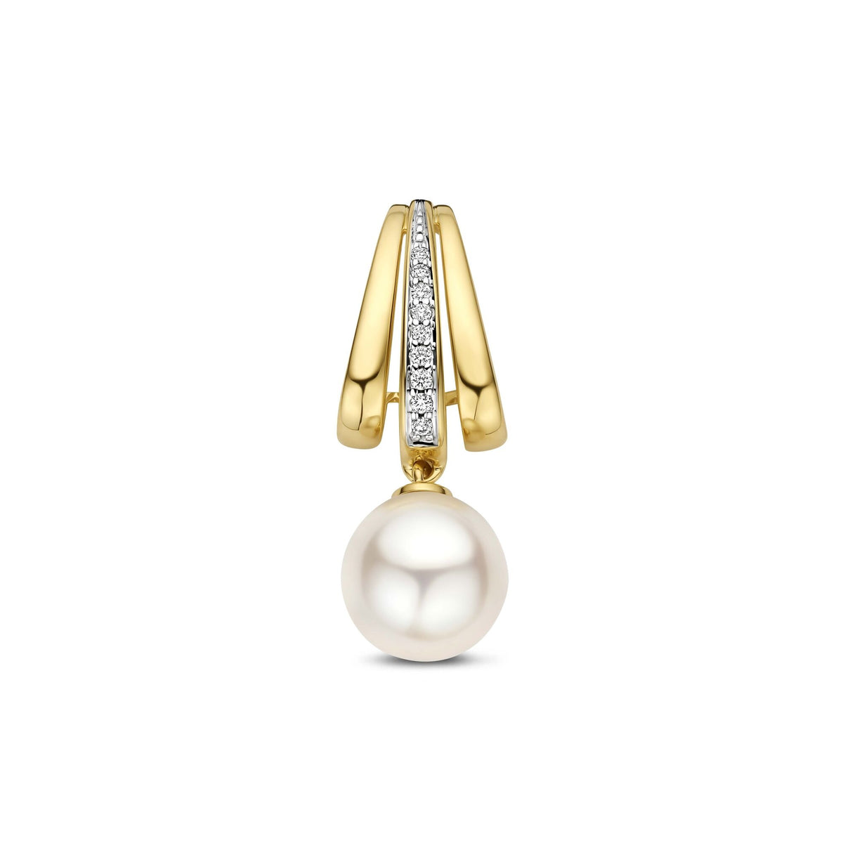 Geelgouden hanger met een glanzende parel en een rijtje kleine diamanten.