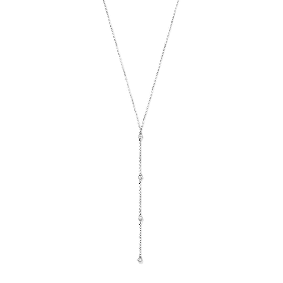 Collier Y en argent rhodié avec zirconia, présentant une chaîne délicate et un pendentif en forme de goutte.