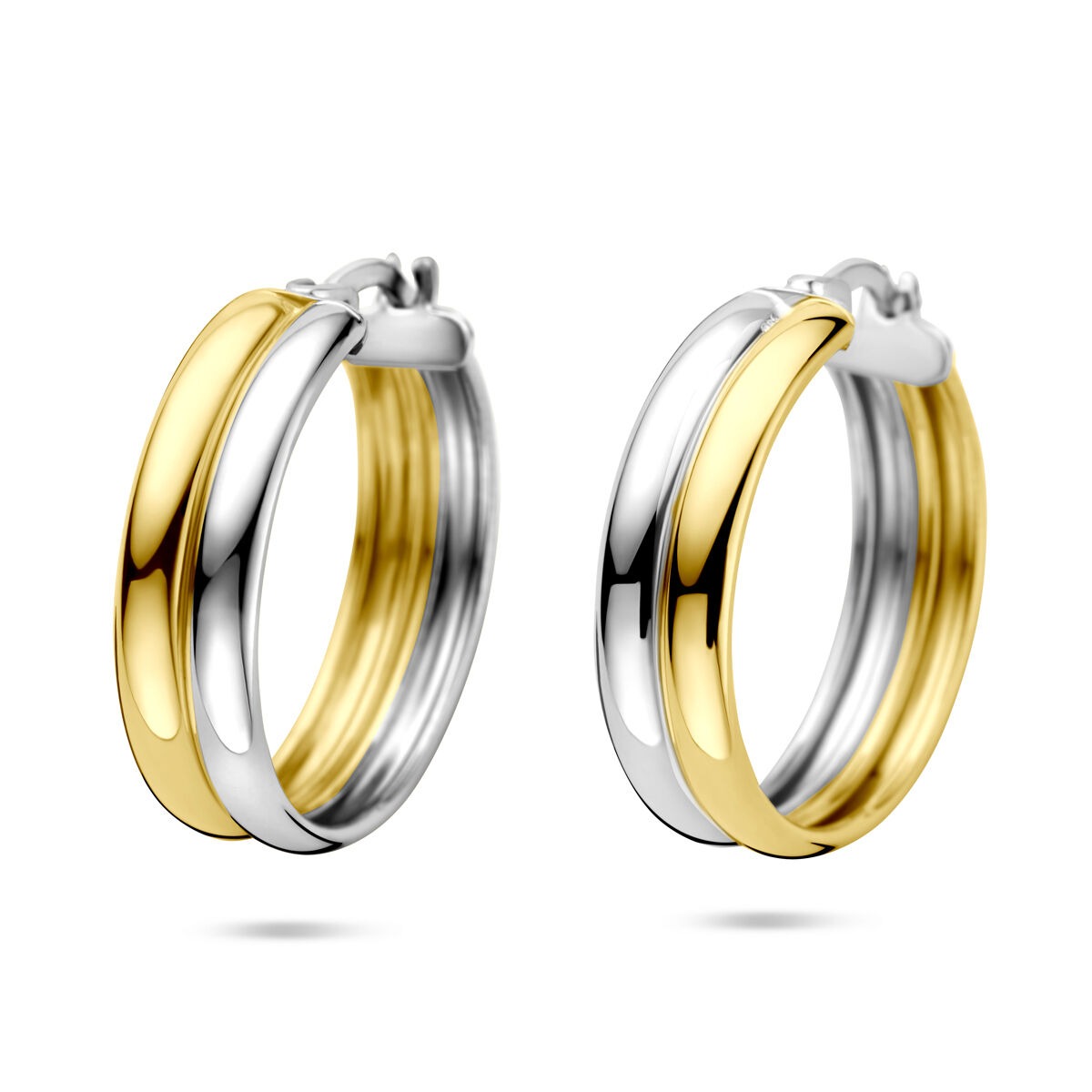 Boucles d'oreilles bicolores en argent 925, dorées et rhodiées, de 23x6 mm.