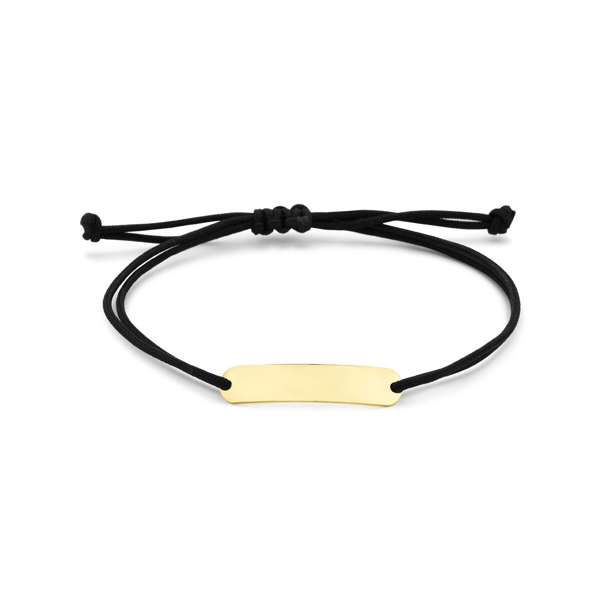 Bracelet en or jaune 14 carats avec plaque gravable et cordon en polyester noir.