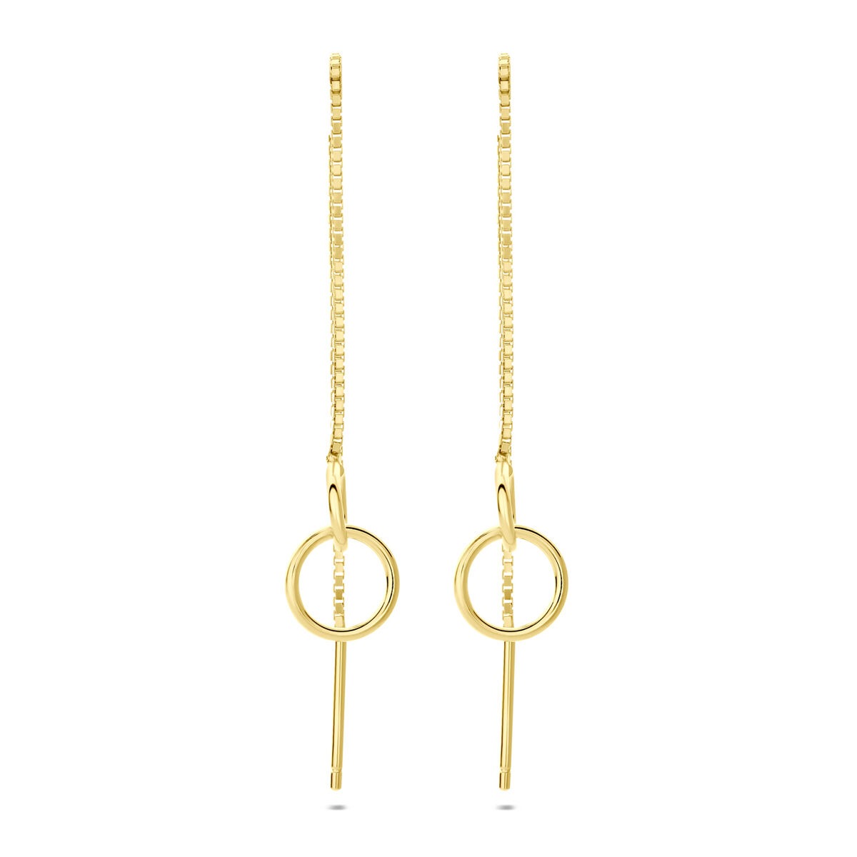 Boucles d'oreilles en argent doré avec un design à tige et un cercle suspendu.