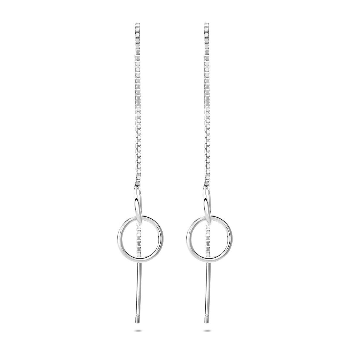 Boucles d'oreilles en argent rhodié avec des tiges fines et des cercles pendants.