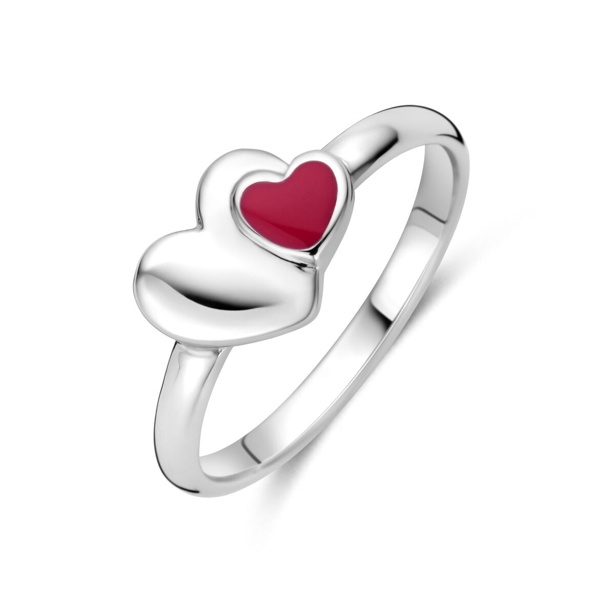 Bague en argent rhodié 925 avec un motif de cœur rouge.