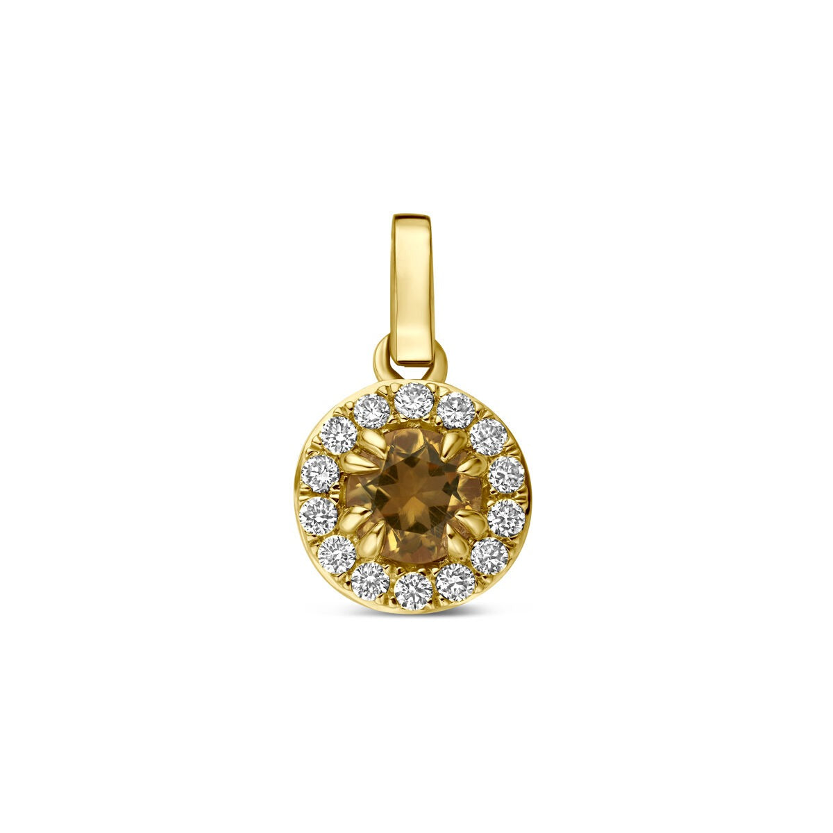 Pendentif en or jaune 14 carats avec citrine centrale et diamants synthétiques en halo.