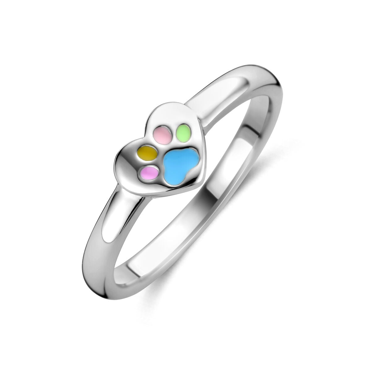 Bague en argent rhodié 925 en forme de cœur avec empreintes de pattes colorées.
