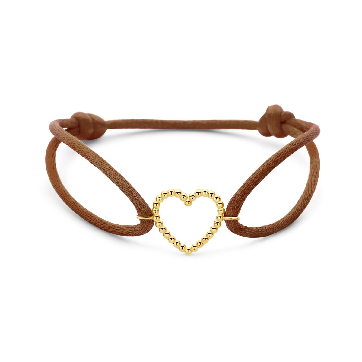 Bracelet en satin brun avec un cœur en or 14 carats.